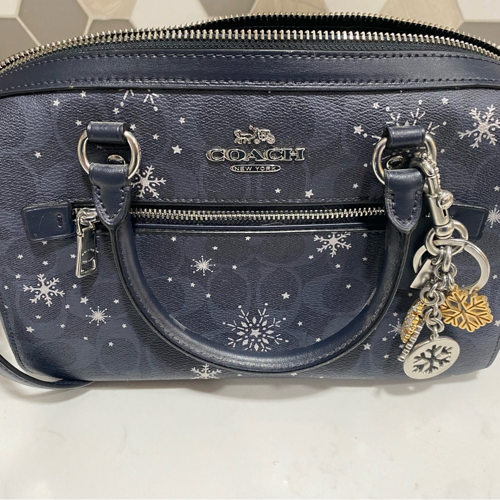 Coach Rowan Satchel In Signature Canvas With Snowflake Print and snowflake charm